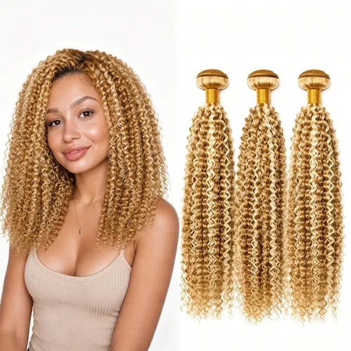 Vista 34 de P4613 Cabello humano rizado onda profunda marrón y paquetes mixtos 8 10 12 P4613 Ombre Marrón-Rubio-DP