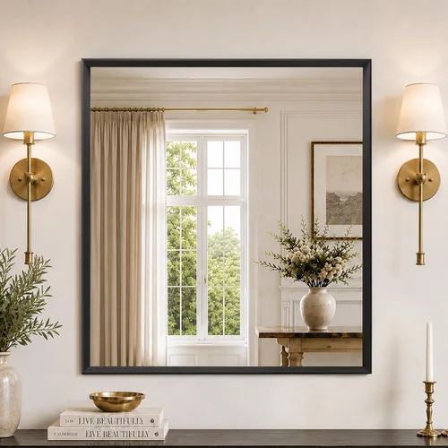 Vista 11 de JISOSO - Espejo de baño negro de 20x30 pulgadas con marco de metal negro, espejo de tocador rectangular redondeado con acabado mate para pared