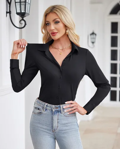 Vista 3 de siliteelon Camisa de manga larga con botones para mujer, estilo casual, para el trabajo, con elástico en 4 direcciones, sin arrugas