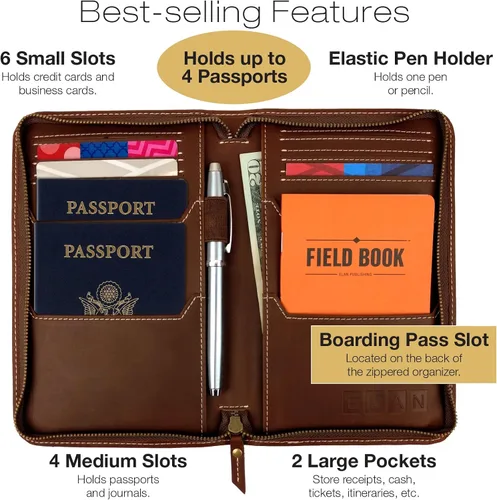 Vista 2 de Cartera de viaje y soporte para pasaporte, material de grano dividido marrón