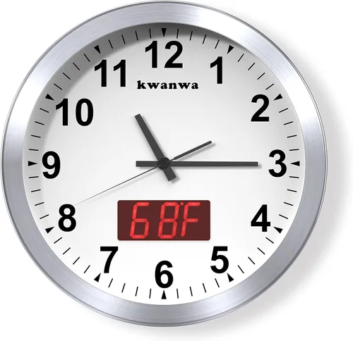 Vista 12 de Reloj de pared, con pantalla digital LED, silencioso sin tictac, de cuarzo de 12 pulgadas, funciona con pilas, reloj de pared analógico redondo Caja