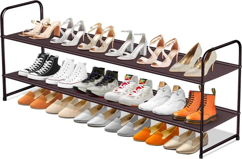 Vista 11 de SLEEPING LAMB Organizador de Zapatos Largo de 2 Niveles para Clóset, Estante de Zapatos Ancho Apilable Sostiene 18 Pares, Estante Bajo de Negro