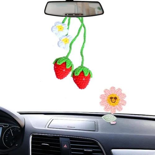 Vista 8 de Accesorios colgantes para espejo de automóvil, 2 piezas de ganchillo de fresa, accesorios de automóvil, lindos accesorios para espejo retrovisor