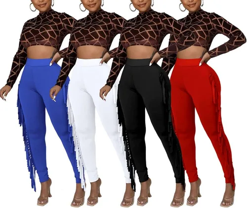 Vista 2 de Choichic Pantalones casuales de cintura alta con flecos y cintura elástica para mujer, pantalones deportivos largos con borlas laterales