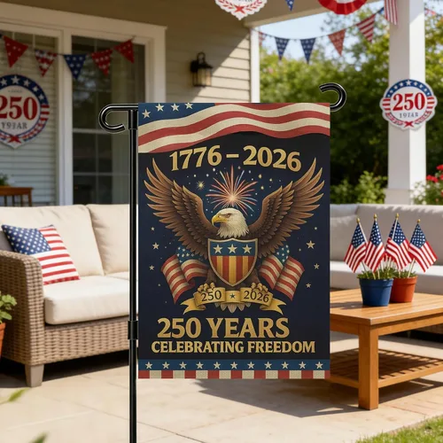 Vista 5 de Banderas de jardín con el 250 aniversario de Estados Unidos para exteriores, bandera de Estados Unidos del 250 aniversario 1776-2026, letrero