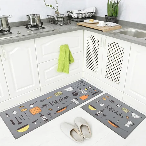 Vista 7 de Juego de 2 alfombras de cocina de 17 x 48 pulgadas + 17 x 24 pulgadas, tapetes antideslizantes lavables para suelo de cocina, 2 tapetes cómodos