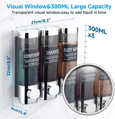 Vista 3 de Dispensador de Champú y Acondicionador, Dispensador de Ducha GlintGath de 3 Cámaras Sin Taladro, Dispensador de Champú para Ducha Montado