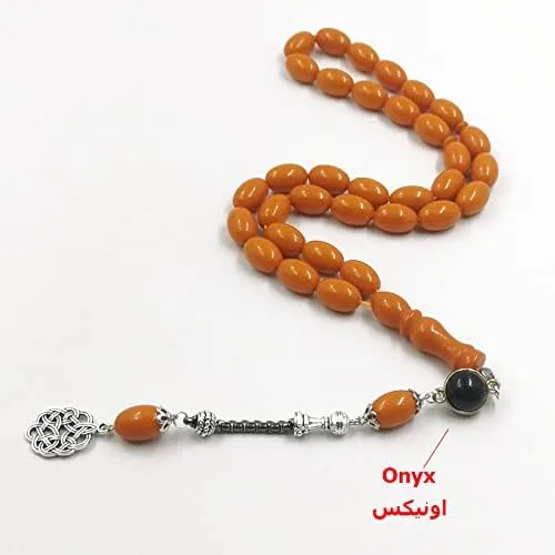 Vista 2 de Tasbih - Rosario musulmán de resina naranja con accesorios de piedra de ónix, pulsera de pavo, cuentas de oración islámica