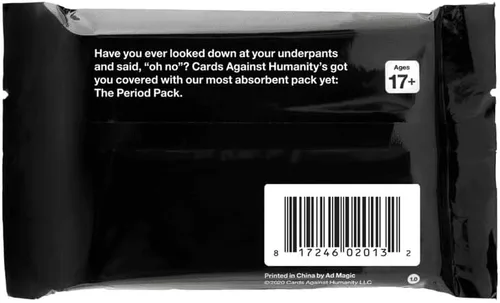 Vista 3 de Cards Against Humanity: Paquete de la Época 30 game cards written while we were all on our periods. Ages 17+. Best played every 25 to 35 days. A