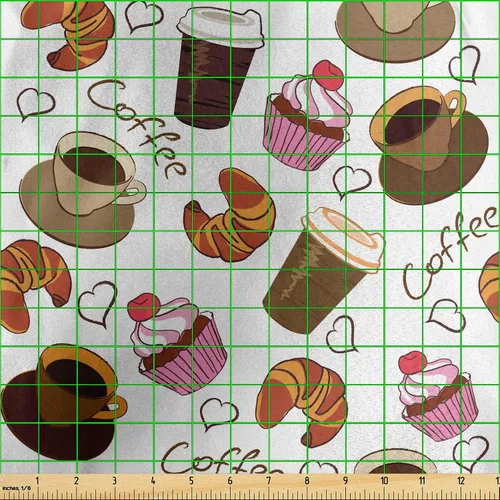 Vista 3 de Lunarable - Tela de café por yarda, tazas de café para llevar y dulces, diseño de cupcakes de cereza y croissant, cultura del desayuno americano