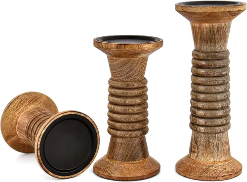 Vista 3 de Nirman Juego de 3 portavelas de madera de mango para centros de mesa para bodas, Navidad, fiestas, hogar, spa, reiki, aromaterapia