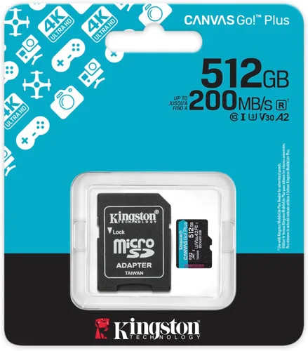 Vista 3 de Kingston Canvas Go Plus 512GB Tarjeta microSD Hasta 200 MB/s Clase 10, UHS-I, U3, V30, A2 SDCG4/512GB Hasta 200 MB/s, UHS-I, V30, U3, Clase
