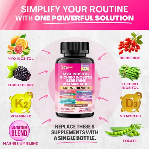 Vista 3 de Suplemento Myo Inositol 750mg, berberina 500mg, D-Chiro Inositol 50mg, Folato 400mcg, Cromo 100mcg, Canela de Ceilán 200mg, Ashwagandha 100mg, DIM