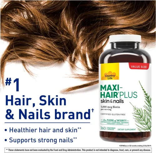Vista 2 de Country Life Maxi-Hair Plus 5000 mcg de biotina, 360 cápsulas, certificado sin gluten, certificado vegetariano
