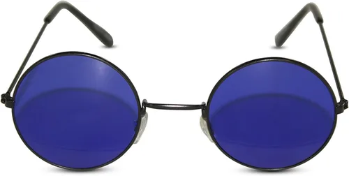 Vista 2 de Lentes de sol de John Lennon para fiesta. Lentes de sol redondos, hippie, con lentes de colores. Marco negro con lente azul