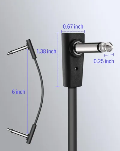 Vista 2 de Donner Cables de conexión planos para pedal de efecto de guitarra de 6 pulgadas, ahorra espacio, sonido claro de 1/4 pulgadas, TS en ángulo recto, 3