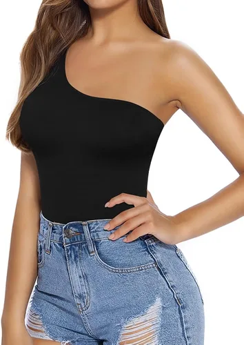 Vista 3 de MANGOPOP Women's One Shoulder Off Sleeveless Long Sleeve Tank Top Bodysuit Jumpsuits