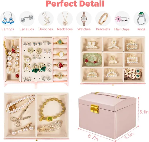 Vista 4 de Aioguisn Joyeros para niñas y mujeres, cajas de joyería de cuero de 3 capas y organizadores para niñas, joyero de viaje con espejo y cerradura