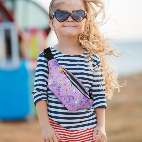 Vista 2 de QtGirl Riñonera para niños, bolsa de cintura con purpurina brillante con cinturón ajustable para niños, correr, acampar, viajes