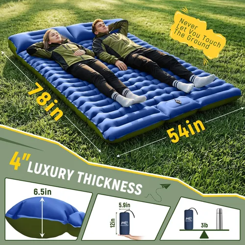 Vista 2 de Myxslop Colchoneta de dormir doble – Colchoneta de dormir ultraligera con bomba de pie y almohada integrada, portátil inflable para 2 personas Azul