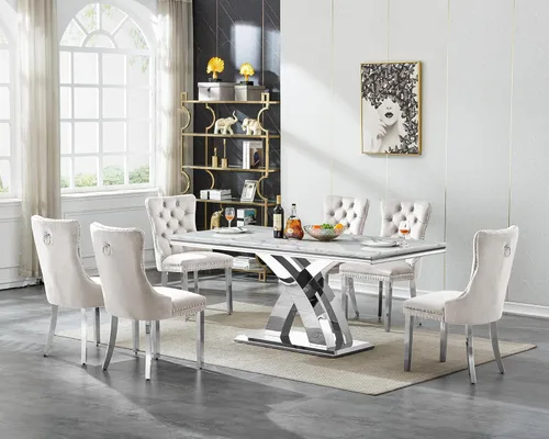 Vista 17 de Juego de mesa de comedor de cristal plateado moderno de 70 pulgadas para 4, juego de mesa de comedor rectangular de 5 piezas con patas de acero