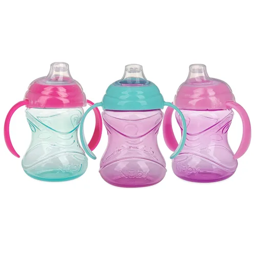 Vista 9 de Nuby Taza de agarre N' Sip de 3 piezas sin derrames con boquilla flexible suave, 2 asas con función Clik It Lock, neutro, 10 onzas