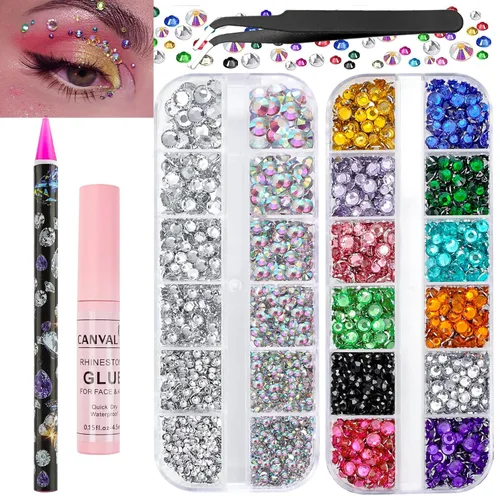 Vista 8 de Canvalite 18000 piezas de diamantes de imitación para la cara, gemas multicolores para ojos, cabello y uñas con pegamento de maquillaje de secado