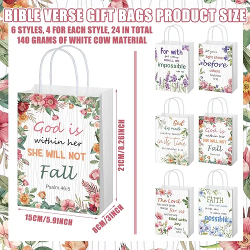 Vista 2 de Yeaqee 24 bolsas de regalo religiosas cristianas a granel con asas, 6 estilos reutilizables, flores religiosas, bautismo religioso, versículo