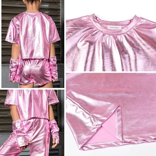 Vista 5 de Perfashion Camisas metálicas para niñas con mangas de brazo, top corto brillante para baile, raves, festivales, disfraces de 4 a 15 años