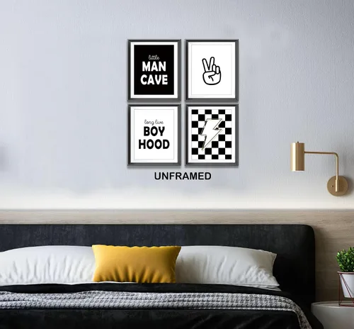 Vista 4 de Pósters Retro de Cueva del Hombrecito Preppy a Cuadros Rayo Signo de Paz Larga Vida a la Niñez para Habitación de Niño Adolescente Decoración