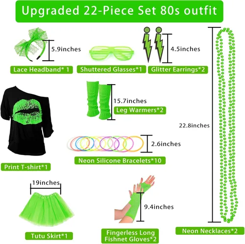 Vista 2 de Disfraz mejorado de los años 80 para mujer, conjunto de accesorios de disfraz de fiesta de los años 80 con camiseta, falda tutú, cintura, etc