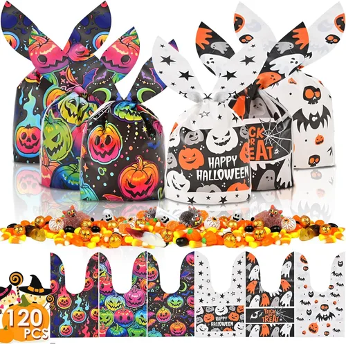Vista 9 de AhfuLife 200 bolsas de celofán de Halloween, 8 diseños de bolsas de dulces transparentes de Halloween con lazos giratorios para golosinas o tratos