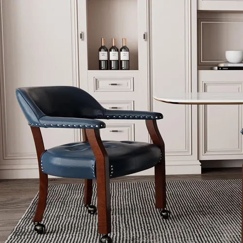 Vista 27 de Silla de comedor con ruedas y brazos, sillas de póker de PU, gris antiguo