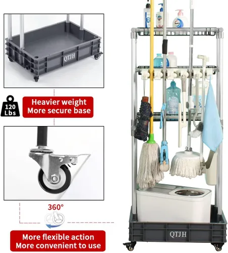 Vista 5 de Estante de almacenamiento Soporte para fregona escoba Sostenga sus suministros de limpieza Carrito de limpieza Organizador de acero Estante