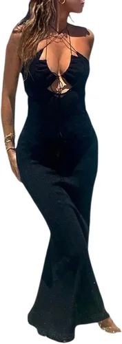 Vista 3 de Vestido largo ajustado con tirantes delgados cruzados para mujer, sexy, con cuello halter, cintura alta, para fiesta de noche