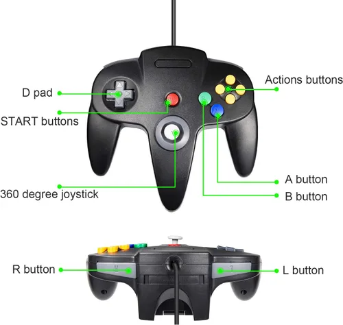 Vista 4 de KIWITATA Paquete de 2 controladores USB clásicos N64, Retro N64 con cable, control remoto para Windows PC 7 8 11 y Mac Raspberry Pi 3 Negro