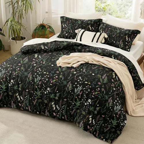 Vista 2 de Nayoroom Funda de edredón floral negra, tamaño Queen, funda de edredón de flores botánicas de primavera, 3 piezas, suave, ligera, juego de ropa