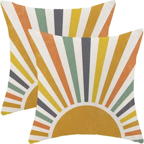 Vista 10 de AEIOAE Summer Sunshine - Juego de 2 fundas de almohada de 16 x 16 pulgadas, diseño de rayas amarillas, diseño bohemio, arco iris, sol