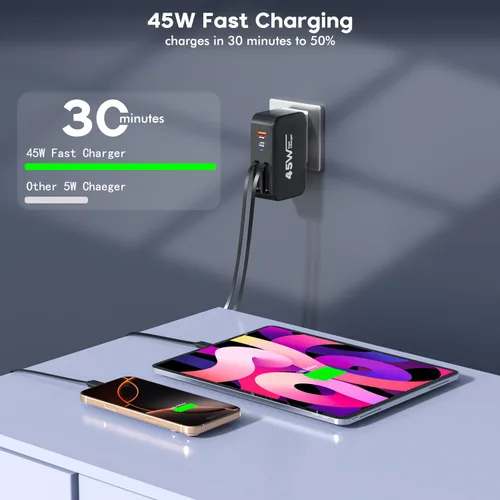 Vista 3 de Cargador de pared retráctil 4 en 1, enchufe de cable USB C doble, cargador USB C de 45 W, cargador retráctil rápido para iPhone, bloque plegable