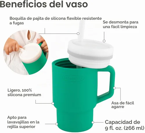 Vista 5 de Infantino Mi primer vaso, taza de silicona con pajita y asa, vaso de bebé resistente a derrames para llevar, botella de transición libre de BPA