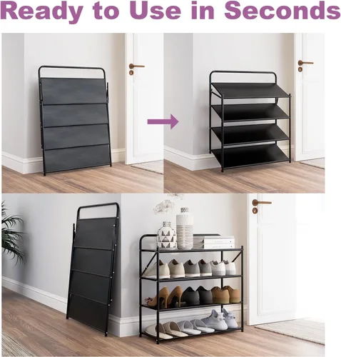 Vista 4 de Zapatero plegable de 4 niveles sin montaje, organizador de zapatos plegable sin instalación, estantes portátiles de metal sólido para armario