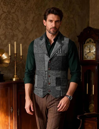 Vista 3 de JEMITOP Chaleco de traje casual de patchwork vintage para hombre con Gris