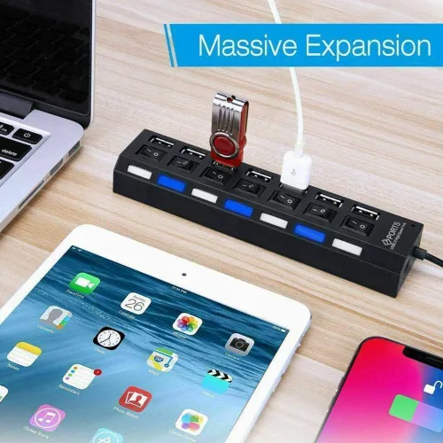 Vista 8 de Concentrador USB 2.0 de 7 puertos, extensor USB con interruptores LED individuales de encendido/apagado, protección contra sobrecorriente, Plug and
