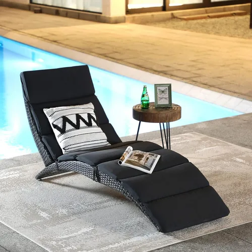 Vista 7 de JOIVI Tumbona para patio, tumbona para exteriores, tumbona plegable de ratán PE con cojín extraíble gris oscuro, adecuado para piscina, jardín