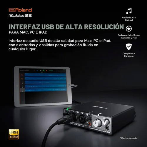 Vista 2 de Roland Rubix22 - Interfaz de audio USB de 2 entradas/2 salidas Audio de alta resolución Graba con micrófonos, guitarras, teclados y más