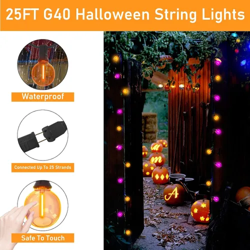 Vista 5 de Luces de Navidad Moradas y Naranjas, 25 pies, 27 unidades, luces de cadena LED G40 de Navidad, luces de decoración de interiores para patio al aire