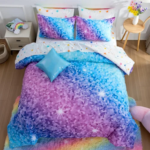 Vista 17 de A Nice Night Juego de ropa de cama de 6 piezas con purpurina degradada para niñas, tamaño completo, juego de edredón colorido de galaxia arcoíris