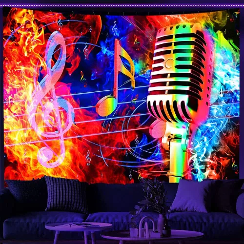 Vista 6 de TPMDFC Tapiz musical UV con luz negra, nota musical reactiva, tema fresco, tamaño pequeño, 40 pulgadas, 30 pulgadas, tapices colgantes de pared