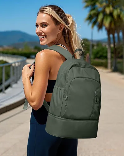 Vista 6 de Mochila de gimnasio para mujeres y hombres, bolsa de gimnasio ligera con compartimento para zapatos, mochila deportiva impermeable con bolsillo
