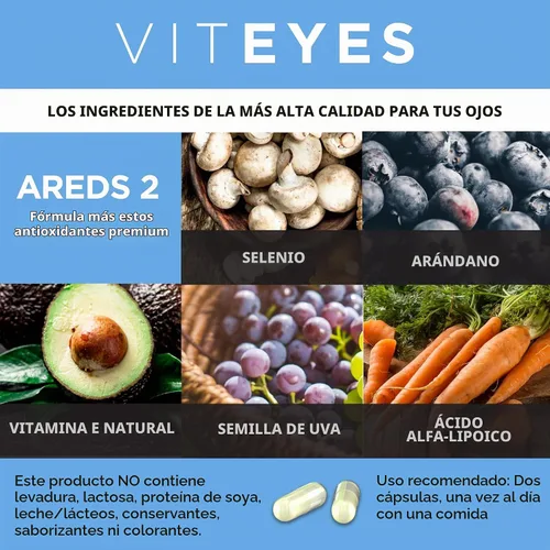 Vista 3 de Viteyes AREDS 2 Soporte macular avanzado con arándano, semilla de uva, luteína FLORAGLO, selenio, vitamina E natural, libre de alérgenos, vitaminas